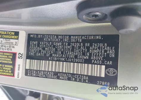 2018 Toyota Camry Se z USA, uszkodzony, nr VIN 4T1B11HK1JU129002
